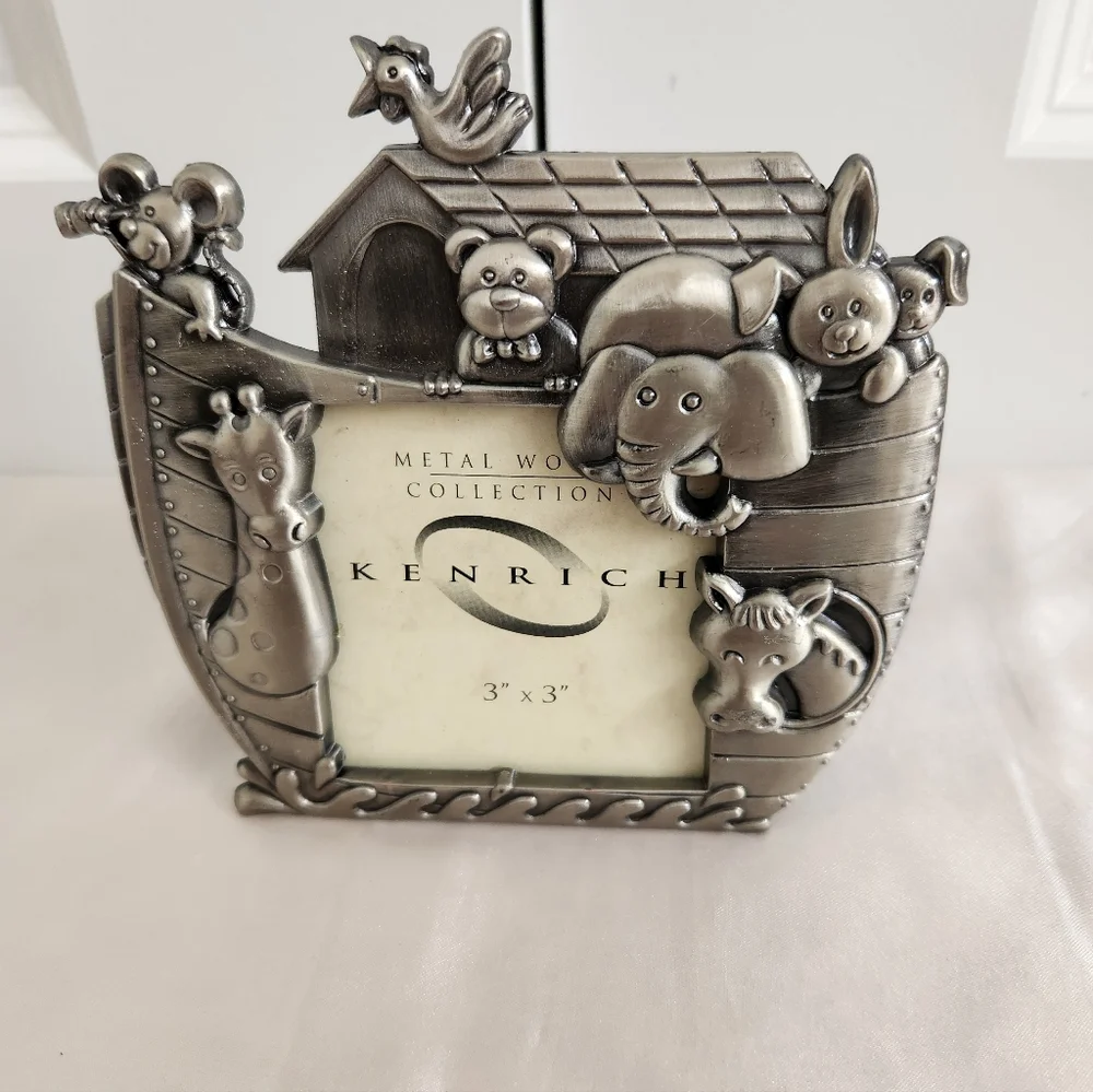 Vintage Pewter Noah’s Ark Picture Frame, Baby Girl & Baby Boy Frame
